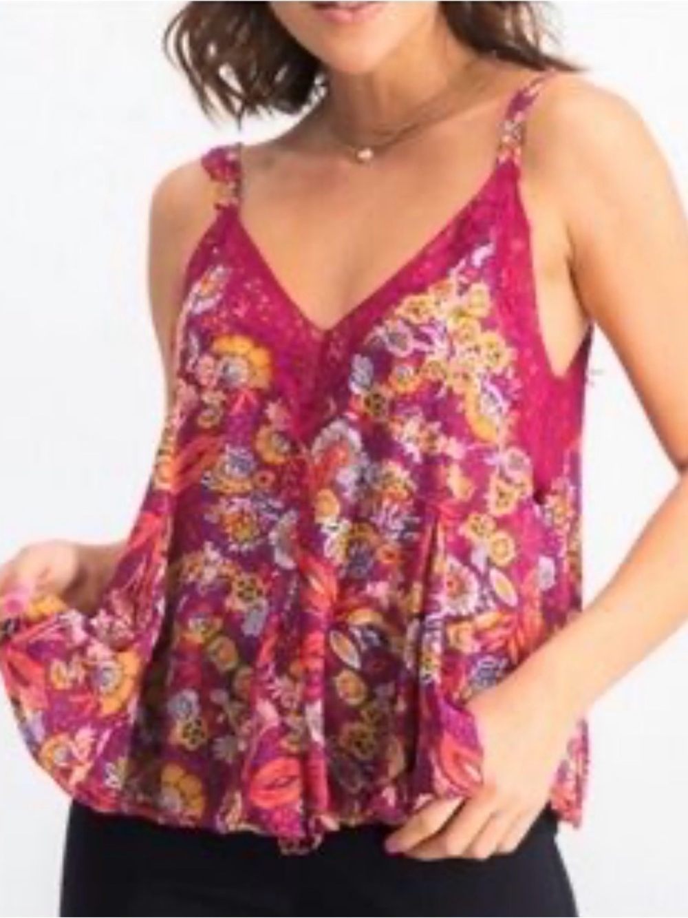 Free People Magenta Floral Lace-Trim Cami